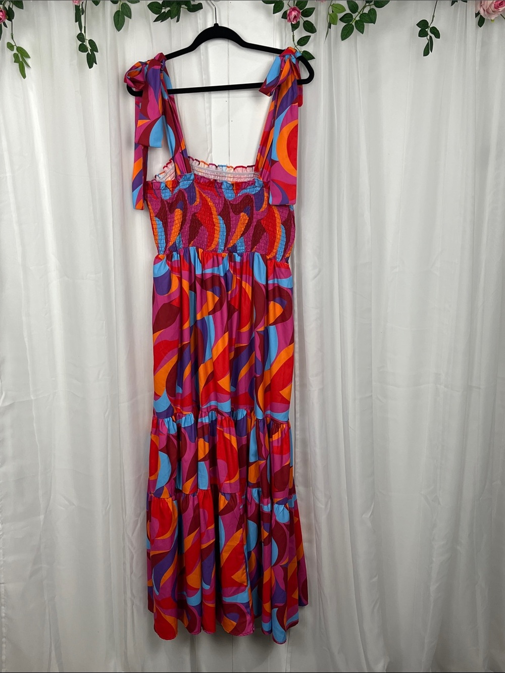 Summer Maxi Dress Wide Straps Tier Ruffles Smocking Full Skirt Vibrant EUC